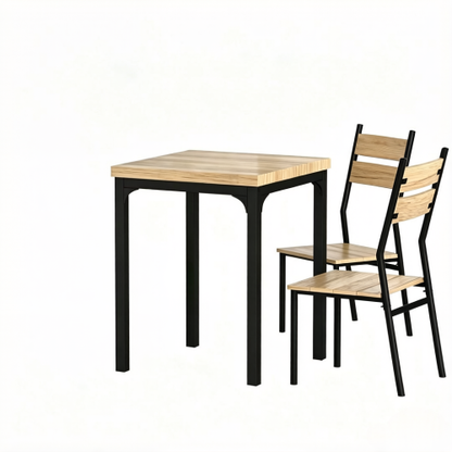 3-Piece Rustic Industrial Dining Set, Light Wood Grain MDF Table & 2 Slatted High Back Chairs