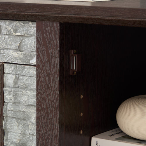 Modern 65 Inch TV Stand with Faux Stone Cabinet Cherry Media Console