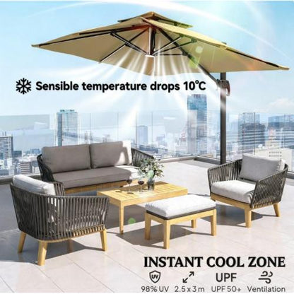Outdoor Umbrellas,Offset Hanging Umbrella,Solar LED Cantilever Umbrella,with 360°Rotation,Cross Base,Ribs,Tilt and Crank