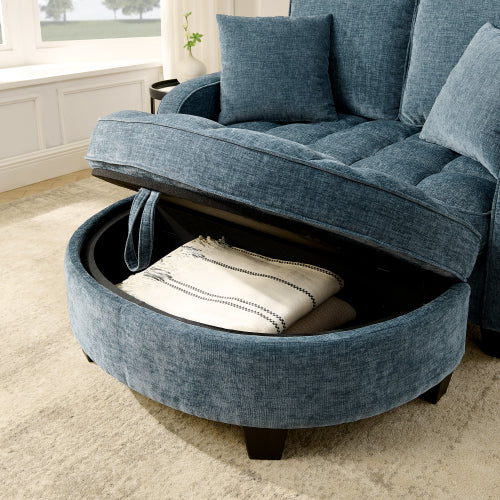 Blue 2-Seater Sofa Chaise, Irregular Armrest, Storage Footrest & 2 Pillows