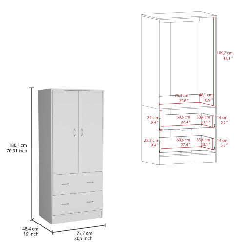 2-Doors 2-Drawers Armoire White
