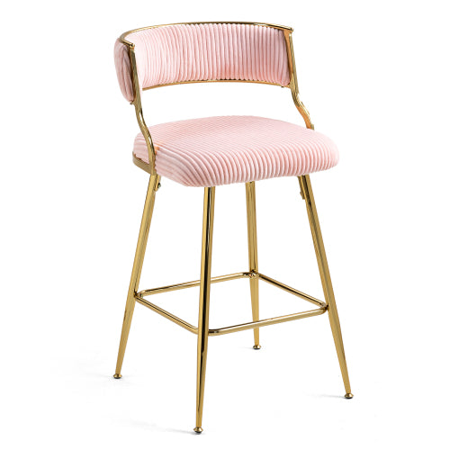 (SET of 2) 26inch  Counter height bar stools Corduroy kitchen island counter bar stool with back,golden chromed base and footrest (PINK)