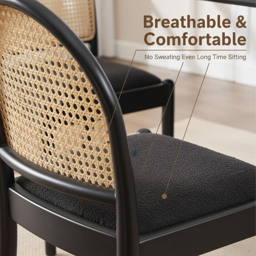 Set of 2 Rattan Dining Chairs with Teddy Upholstered Seat, Wood Legs, Black Kitchen Chairs