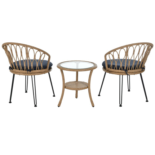 U_STYLE Outdoor Leisure Set, 2 Rattan Single Chairs with A Glass Round Table, Perfectly Suited for Patios, Balconies, and Courtyards