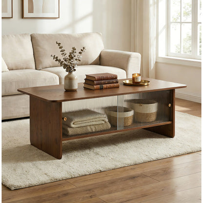 47inch  Rectangular Coffee Table with Fluted Glass Doors, Walnut