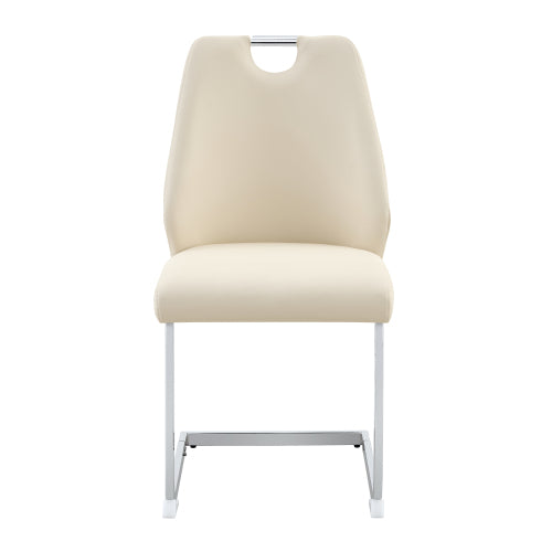 Set of 2 Off White PU Mesh Texture High Back Dining Chairs, Silver Back Ring Chrome Pull Handle Solid Iron Frame