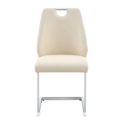 Set of 2 Off White PU Mesh Texture High Back Dining Chairs, Silver Back Ring Chrome Pull Handle Solid Iron Frame