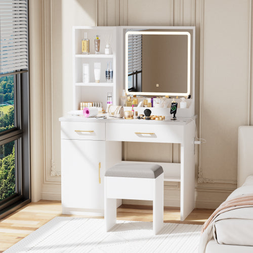 White Vanity Desk with Mirror & Lights, Power Outlet, 3 Lighting Modes, Cabinet Drawers, Shelves & Storage Stool
