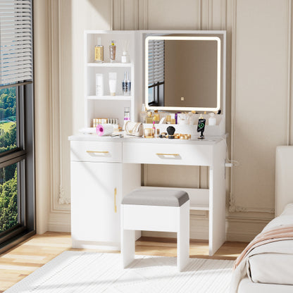 White Vanity Desk with Mirror & Lights, Power Outlet, 3 Lighting Modes, Cabinet Drawers, Shelves & Storage Stool