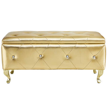 Gold Faux Leather Storage Ottoman Bench with Crystal Buttons, Metal Legs 380 LBS Capacity for Bedroom Entryway
