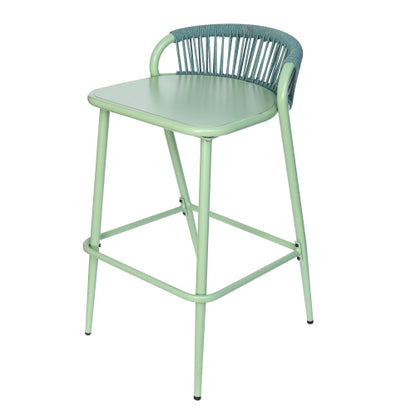 Outdoor 29" Seat Height Aluminum Frame Barstools with Rope-woven Scallop-shaped Backrest, Set of 2, Sage