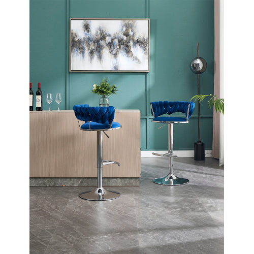 Set of 2 Bar Stools,with Chrome Footrest and Base Swivel Height Adjustable Mechanical Lifting Velvet + Chrome  Leg Simple Bar Stool-BLUE
