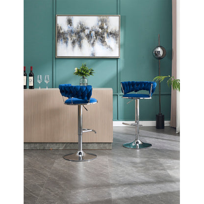 Set of 2 Bar Stools,with Chrome Footrest and Base Swivel Height Adjustable Mechanical Lifting Velvet + Chrome  Leg Simple Bar Stool-BLUE