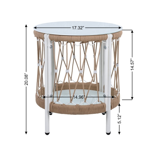 17.32" Bohemian Garden Accent Outdoor Side Table - Handwoven Rope with Powder-Coated Steel Frame, Glass Top, Small Patio End Table for Drinks, Plants