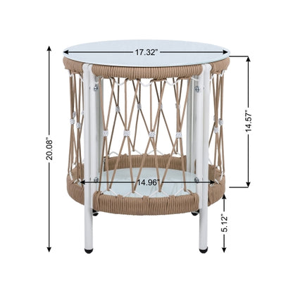 17.32" Bohemian Garden Accent Outdoor Side Table - Handwoven Rope with Powder-Coated Steel Frame, Glass Top, Small Patio End Table for Drinks, Plants