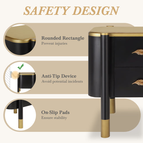 Black Curved Nightstand, 2-Drawer Bedside Table with Feather-Shaped Metal Handles & Tall Legs