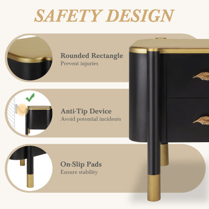 Black Curved Nightstand, 2-Drawer Bedside Table with Feather-Shaped Metal Handles & Tall Legs