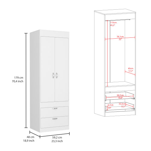 Armoire, Rod, Double Door, Two Drawers, Metal Handles White