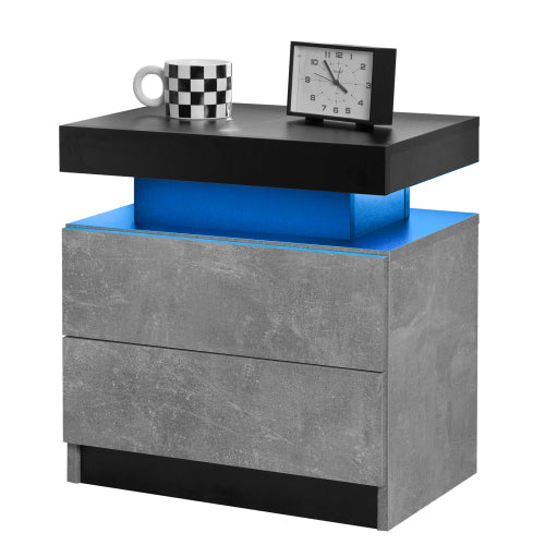 Nightstand LED Bedside Table Cabinet Lights Modern End Side with 2 Drawers for Bedroom (Black+Gray)