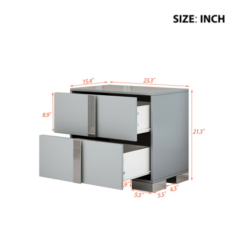 Elegant Nightstand with Metal Foot, Mirrored Bedside Table with 2 Drawers for Bedroom, Living Room, Gray