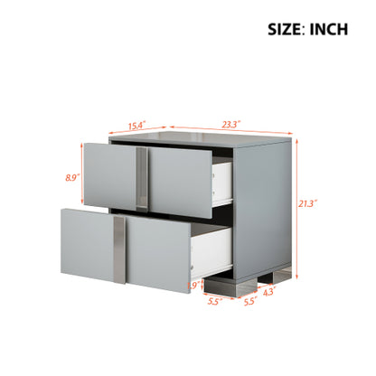 Elegant Nightstand with Metal Foot, Mirrored Bedside Table with 2 Drawers for Bedroom, Living Room, Gray