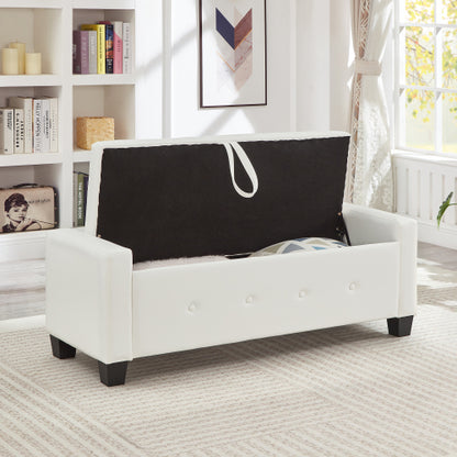 48'' Storage Ottoman Bench Tufted Faux Leather Upholstered Bench Ivory White