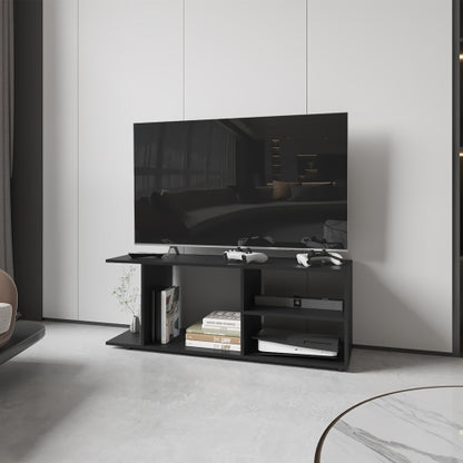 Black Entertainment Center with Shelves and Storage Compartment