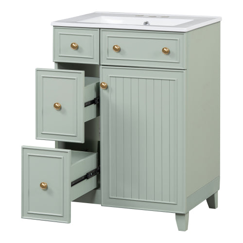 24-Inch Bathroom Vanity Cabinet with Ceramic Sink, 2 Drawers, 1 Door