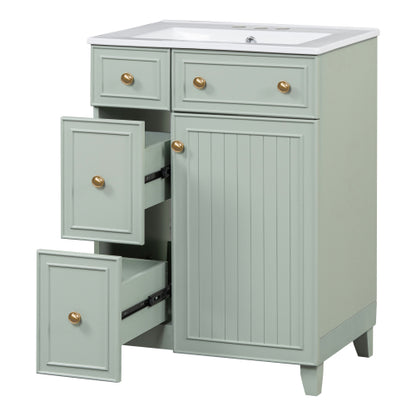 24-Inch Bathroom Vanity Cabinet with Ceramic Sink, 2 Drawers, 1 Door