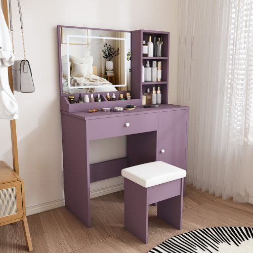 Purple Modern Vanity Desk Set, Dimmable 3?Color LED Mirror, MDF Build, Padded Stool for Bedroom Apartment