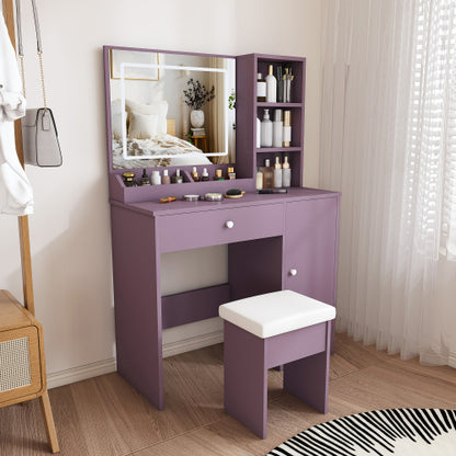 Purple Modern Vanity Desk Set, Dimmable 3?Color LED Mirror, MDF Build, Padded Stool for Bedroom Apartment