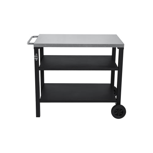 3-Tier Outdoor Grill Cart with Stainless Steel Top, Movable BBQ Prep Table with Wheels, Rolling Serving Bar Cart for Patio, Backyard, Pizza Oven Stand, Black