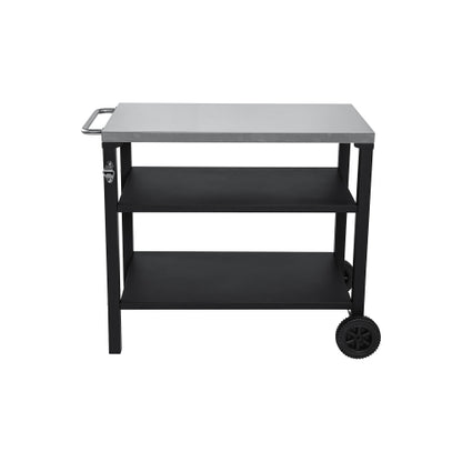 3-Tier Outdoor Grill Cart with Stainless Steel Top, Movable BBQ Prep Table with Wheels, Rolling Serving Bar Cart for Patio, Backyard, Pizza Oven Stand, Black