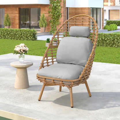 Ellis Outdoor Wicker High-back Swivel Lounge Chair, Teak Finished Leg, Light Brown Faux Rattan and Beige Cushion