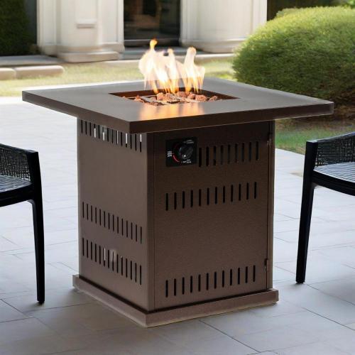 28" Propane Gas Fire Pit Table, 50000 BTU Square Steel Fire Pit for Outside Patio Deck Garden Courtyard-Brown