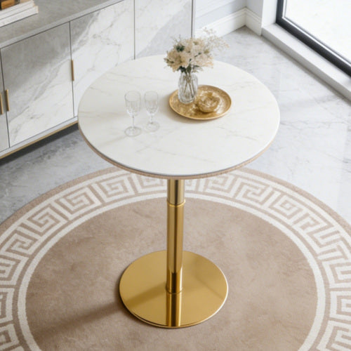 Rock slab circular tabletop non adjustable (39.5 inches high) bar table, bar table with gold legs and base (white+gold)