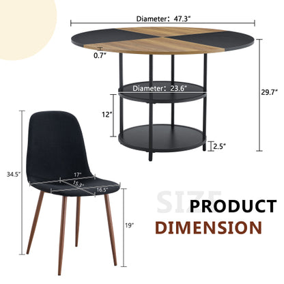 5-Piece Double Storage Round Dining Set, MDF Table & 4 Black Linen-Cotton Chairs
