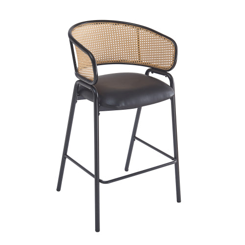 Indoor Metal Upholstered Barstool, Faux Leather Seat With Wowen Rattan Decorated Backrest, Set of 2