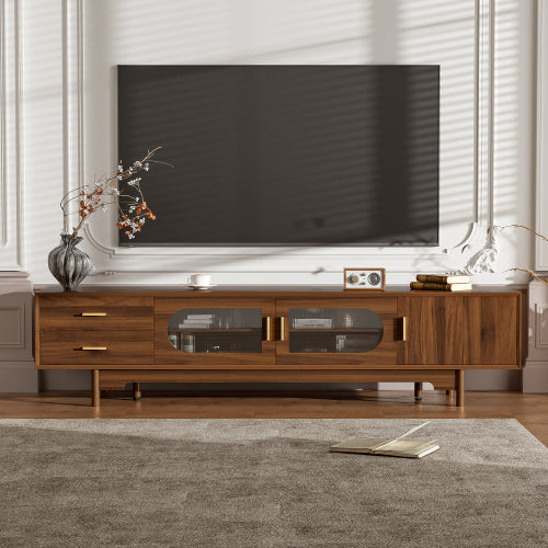 78 inch Modern TV Stand for TVs Up to 85 inch, Fluted Glass Doors Media Console with Drawers