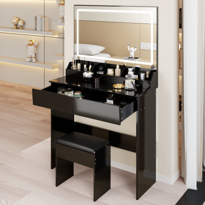31" x 20" Extra Large LED Mirror Makeup Vanity Table + Soft Cushion Stool Suit, Touch Switch, 3 colors, Adjustable Brightness, Large Capacity Storage, Compact Dressing Table Suitable For Small Space