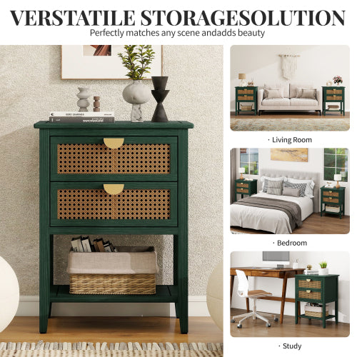 Natural Rattan 2-Drawer Stable End Side Table with Metal Handles