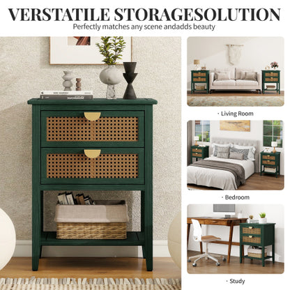 Natural Rattan 2-Drawer Stable End Side Table with Metal Handles