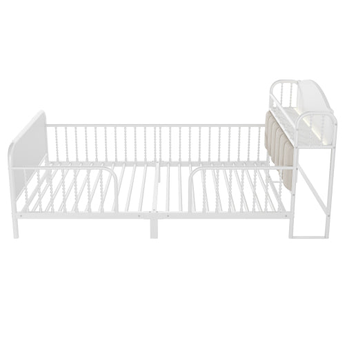 Twin Size Metal Platform Bed Frame with Light, Kids Twin Metal Bed with Upholstered and Storage Headboard, White