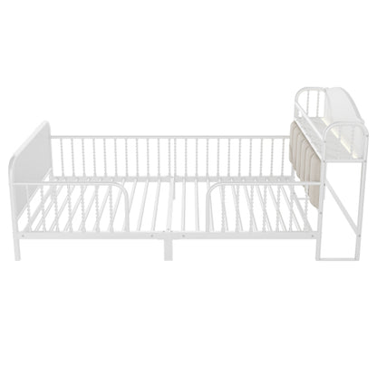 Twin Size Metal Platform Bed Frame with Light, Kids Twin Metal Bed with Upholstered and Storage Headboard, White