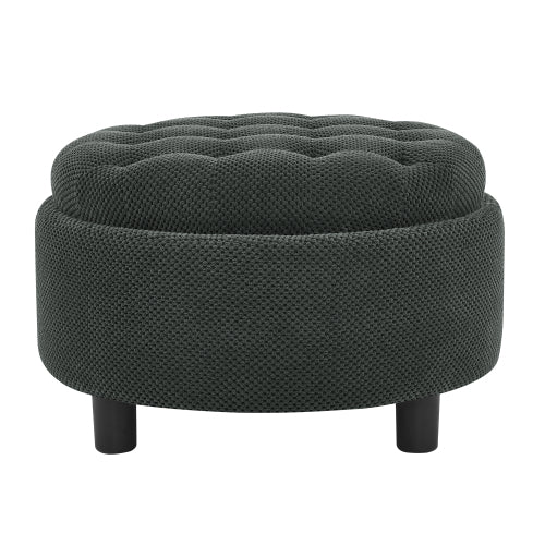 25 Inch Round Storage Ottoman, Dark Grey Tufted Fabric