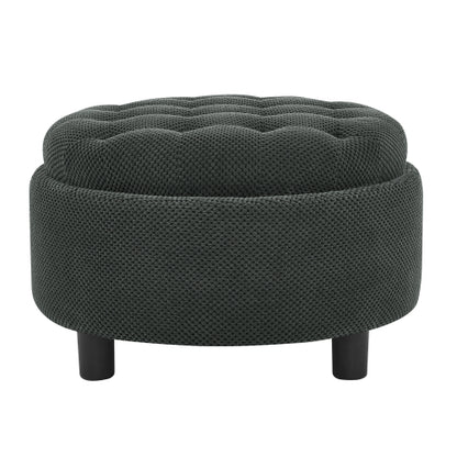 25 Inch Round Storage Ottoman, Dark Grey Tufted Fabric