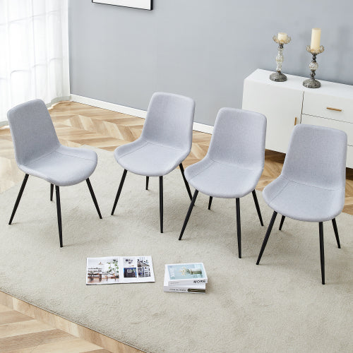 Set of 4 Light Gray Linen-Cotton Dining Chairs, Integrated Seat & Backrest, Black Metal Legs with Adjustable Anti-Slip Feet