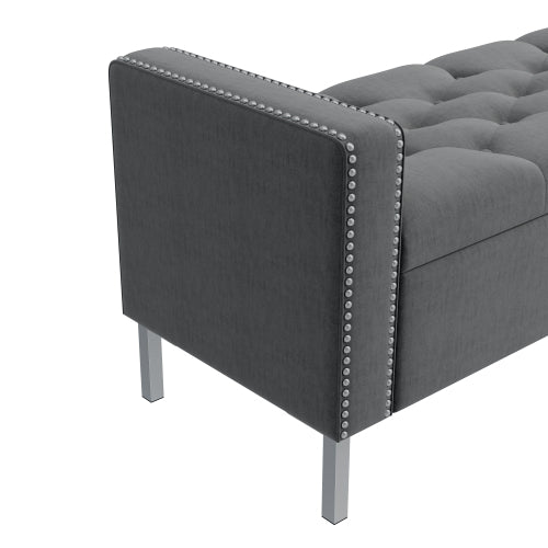 Square Arm Tufted Top Storage Bench Ottoman with Pewter Nailhead Trim in Plush Velvet in Charcoal Gray