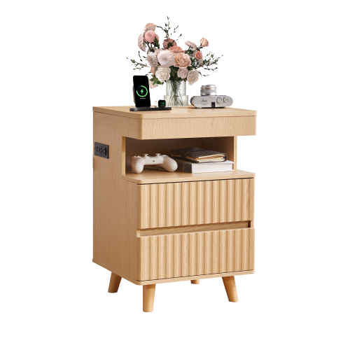 Oak 2-Drawer Nightstand with Gun Drawer & Charging Station