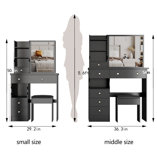 37" Middle Size Left Drawer Desktop Vanity Table + Cushioned Stool, Extra Large Right sliding mirror, Multi Layer High Capacity Storage, Practical Fashionable Dresser, Suitable For Large Space